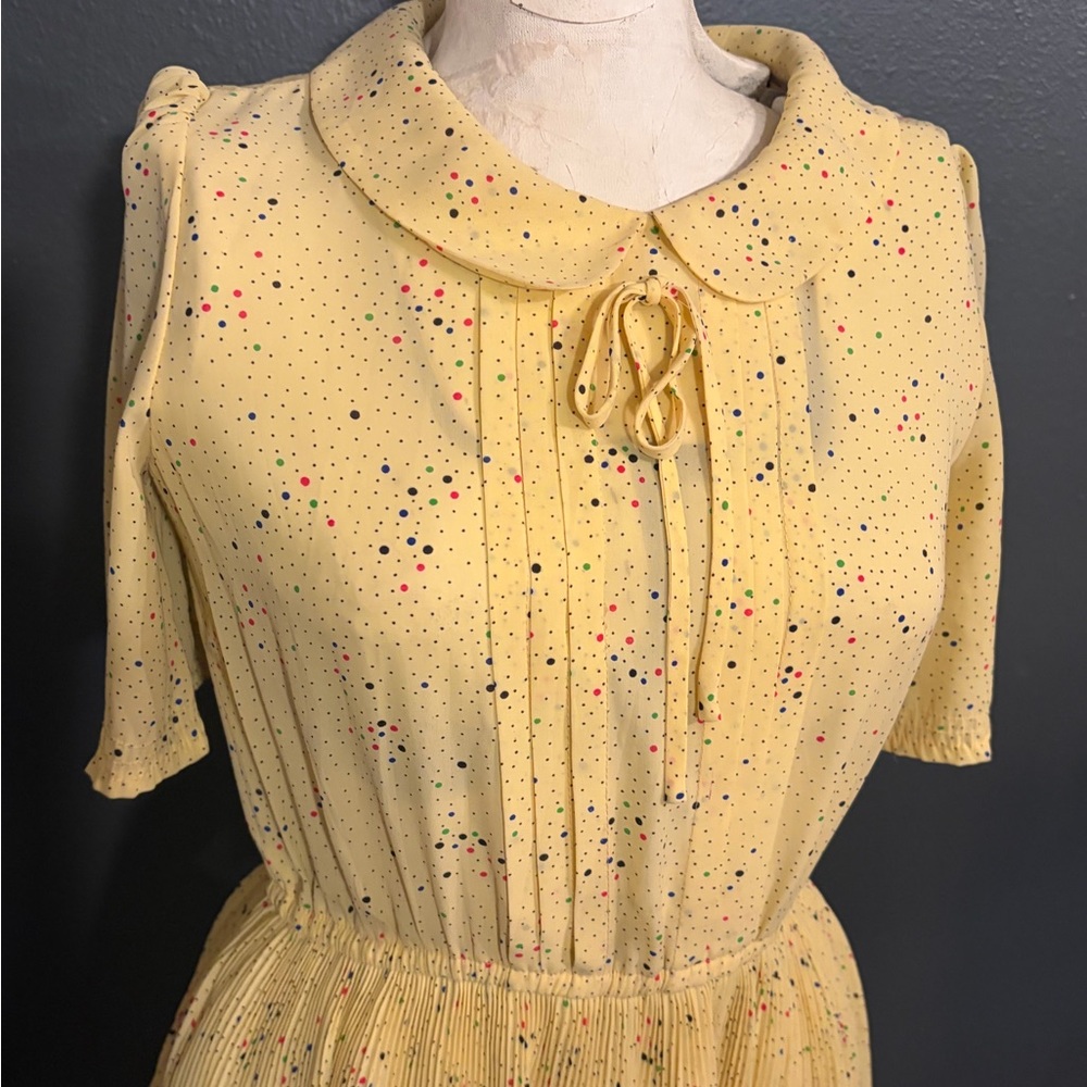 Vintage Inspired Yellow Speckled 3/4 Sleeve Multi Colored PolkadotsDress